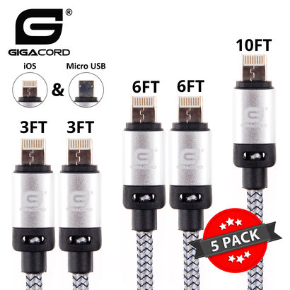 Gigacord Gigacord BlackARMOR2 iPhone Lightning / Micro USB 2-in-1 Charge/Sync Cable w/ Strain Relief, Nylon Braiding, Anodized Aluminum Connectors, White 5-Pack (2x 3ft., 2x 6ft., 1x 10ft.)