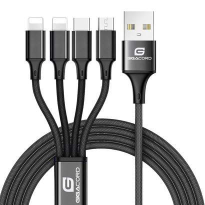 Gigacord Gigacord 4Ft 4in1 Charging Cable iPhone, Type-C, USB Micro Braided Black
