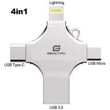 Gigacord Gigacord 4in1 USB 3.0 Flash Drive for iPhone, Type C, and Micro USB, Silver, (Choose Size)