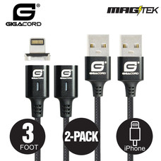 Gigacord Gigacord MAGtek Magnetic Charging/Syn Cable Kit, iPhone Lightning , 2x 1M Cable, 3A, Fast Charge, Braided Nylon, w/ LED Indicator