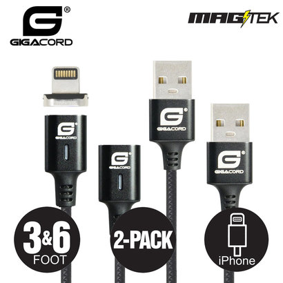 Gigacord Gigacord MAGtek Magnetic Charging/Sync Cable Kit, iPhone Lightning , 1x 1M, 1x 2M Cable, 3A, Fast Charge, Braided Nylon, w/ LED Indicator