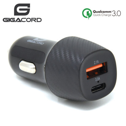 Gigacord Gigacord USB & Type-C USB-C Car Auto Charger 3.4A 18W QC3.0, Carbon