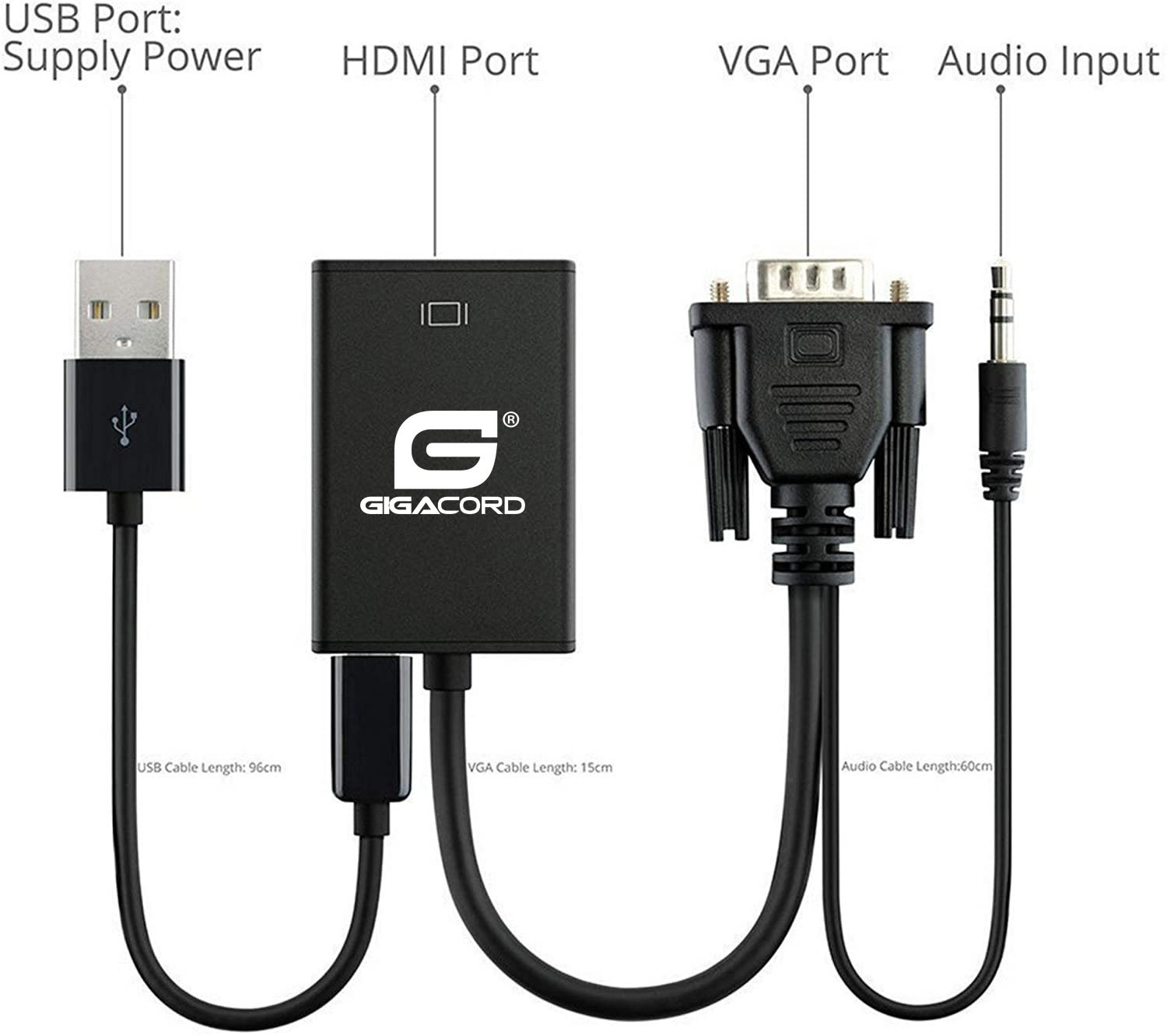 Gigacord 10" VGA Male to HDMI Converter Adapter with 3.5mm USB Power Adapter, Black - NWCA Inc.