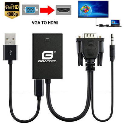 Gigacord Gigacord 10" VGA Male to HDMI Female Converter Adapter with 3.5mm Audio and USB Power Adapter, Black