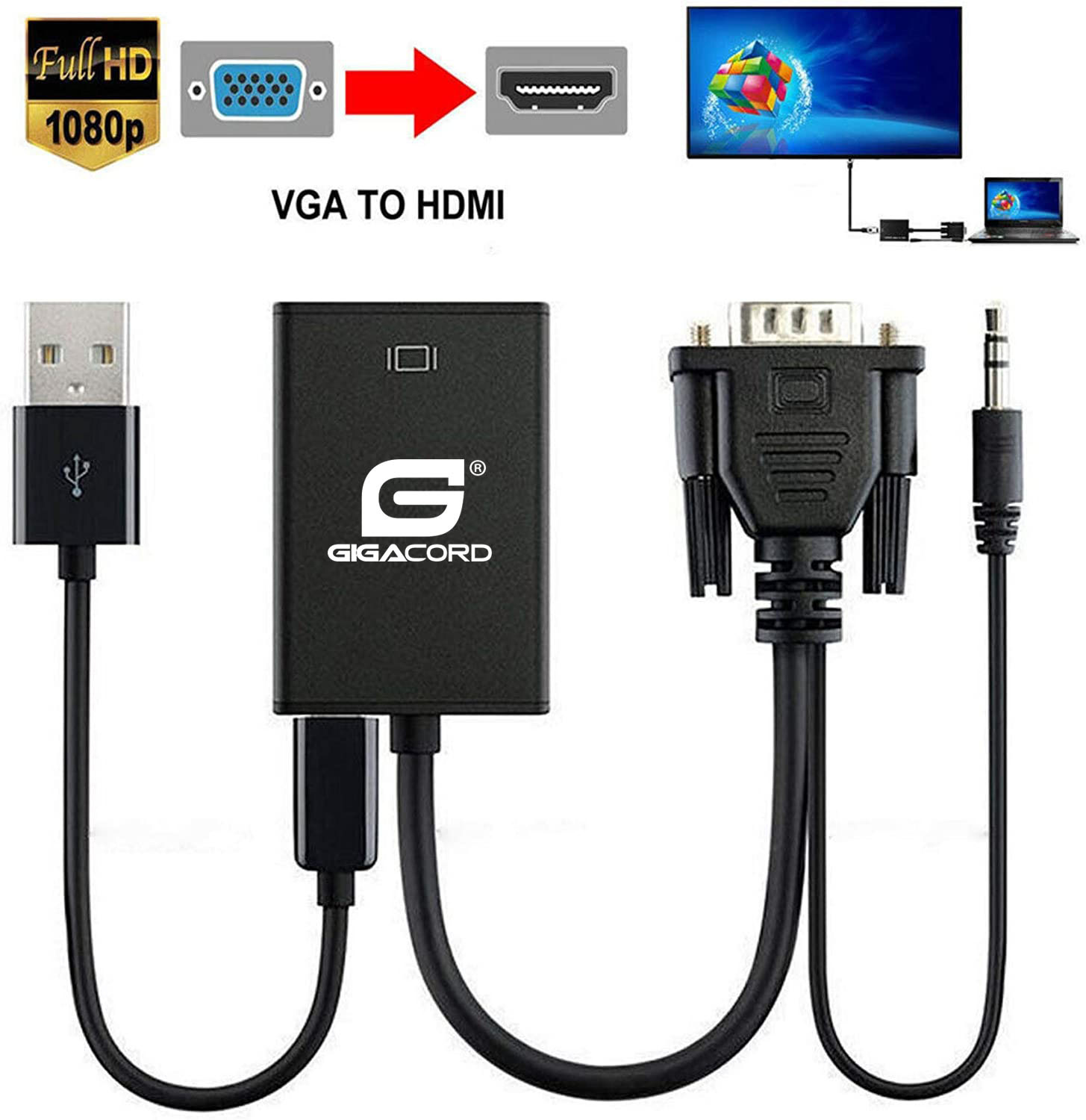 Gigacord 10 VGA Male to HDMI Female Converter Adapter with 3.5mm Audio and USB Power Adapter (Choose color)