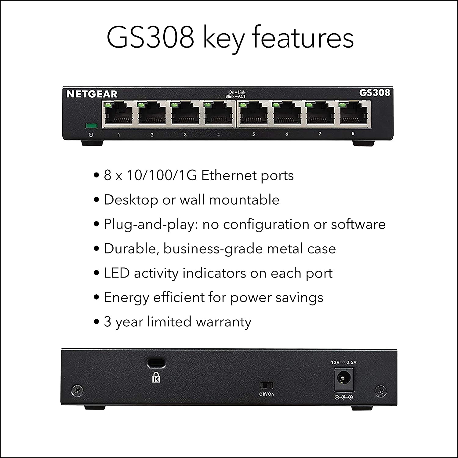 8 Port Gigabit Switch，Unmanaged 10/100/1000Mbps Network Hub Ethernet  Splitter,Plug and Play,Quiet Fanless,for Office and Home Entertainment.