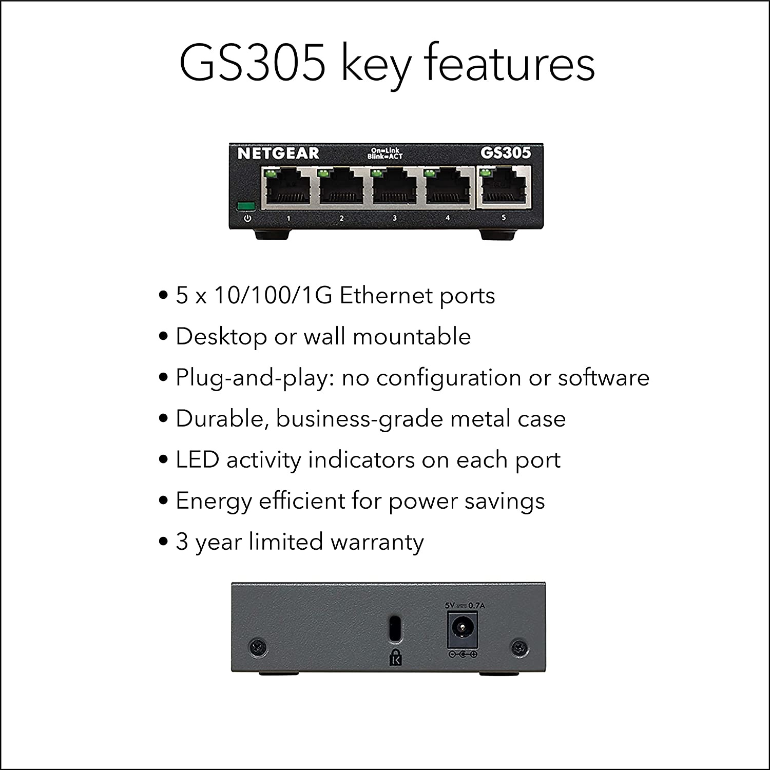 Netgear 5-Port Gigabit Ethernet Unmanaged Switch (Gs305) - Desktop Quiet  Fanless