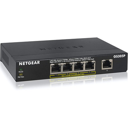 Netgear NETGEAR 5-Port Gigabit Ethernet Unmanaged PoE Switch (GS305P) - with 4 x PoE @ 55W, Desktop, Sturdy Metal Fanless Housing