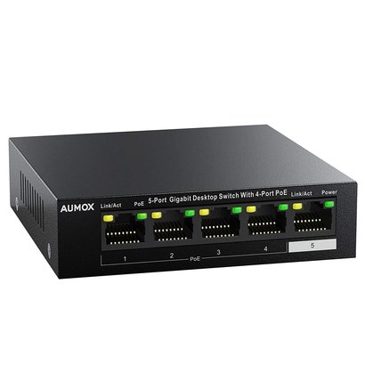Aumox Aumox 5 Port Gigabit Ethernet PoE Switch, 4 Port PoE 58W, Unmanaged, Durable Metal Casing, Desktop, Traffic Optimization, Fanless, Plug and Play (SG105POE)