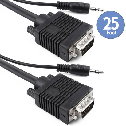 25Ft Triple Shielded VGA Male Male Monitor Cable with 3.5mm Stereo Audio, Black