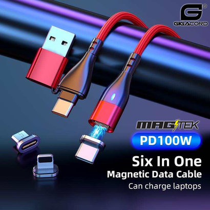 Gigacord Gigacord MAGtek 6in1 3ft. USB-C Type-C Magnetic Charging/Sync Cable, PD100W, Fast Charge, Braided Nylon, w/ LED Indicator, 3 Magnetic Connectors
