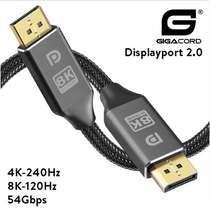 Gigacord Gigacord 3 Foot Displayport 2.0V Cable UBR13.5 54Gbps 4K-240Hz, 8K-120Hz, Braided, Locking Latch