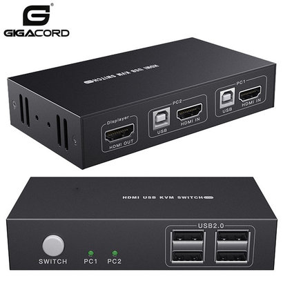 Gigacord KVM Switch HDMI 2 Port, 2 in 1 Out, UHD 4K@30Hz, 4 USB 2.0 Hub, No Power Require, Compatible with Most Keyboards and Mouse, Button Switch