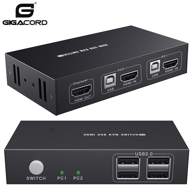 Gigacord KVM Switch HDMI 2 Port, 2 in 1 Out, UHD 4K@30Hz, 4 USB