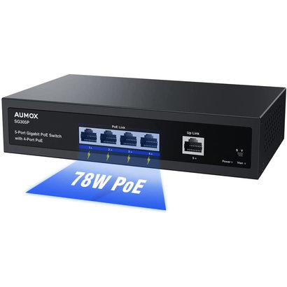 Aumox Aumox 5 Port Gigabit PoE Switch, 4 Port PoE 78W, Gigabit Ethernet Unmanaged Network Switch, Sturdy Metal Housing, Plug and Play, Traffic Optimization (SG305P)