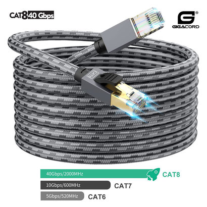 Gigacord Gigacord 50 Foot Cat 8 Ethernet Cable Heavy Duty 26AWG Gray/Black Nylon Braided High Speed Cat8 Network LAN Patch Cord, 40Gbps 2000Mhz SFTP RJ45 Cable Shielded in Wall, Indoor&Outdoor for Modem/Router/Gaming/PC