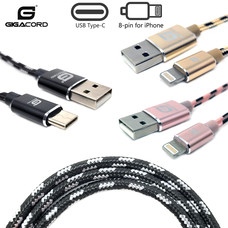 Gigacord Gigacord ClothARMOR USB-C Type-C or Lighting for iPhone, Charge/Sync Cable, Cloth Braiding, Ultra Slim Aluminum Connectors, 1 Year Warranty, Black/Gold/Pink (Choose Type/Color/Length)