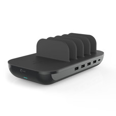 Gigacord Gigacord 5-Port USB Charging Station Hub Cradle 10W Wireless Charging 4* 2.4A 1*USB-C 5V 12A 60W, Black