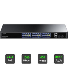 Aumox Aumox 24 Port Gigabit PoE Switch, 28 Port PoE Switch Unmanaged 400W, with 2 x Uplink Gigabit Ports, 2 x 1G SFP Slots, Rackmount or Desktop, PoE Recovery, Plug and Play,VLAN, 802.3 Af/at (SG528P)