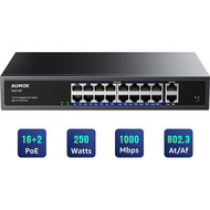 Aumox Aumox 18-Port Ethernet Gigabit PoE Switch, 16-Port PoE with 2 Uplink Gigabit Ports, 250W Built-in Power, Metal Casing and 19-inch Rackmount, Traffic Optimization, Plug and Play, Unmanaged(SG518P)