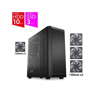 Classico Storage Case ATX Computer Case Mid Tower with 3x140mm &1x 120mm Fans, 4 Detachable Hard Drive Cages Support 10x 3.5" & 3 x 2.5", GPU Vertically Mounting, 360mm Radiator Ready on Top & Front