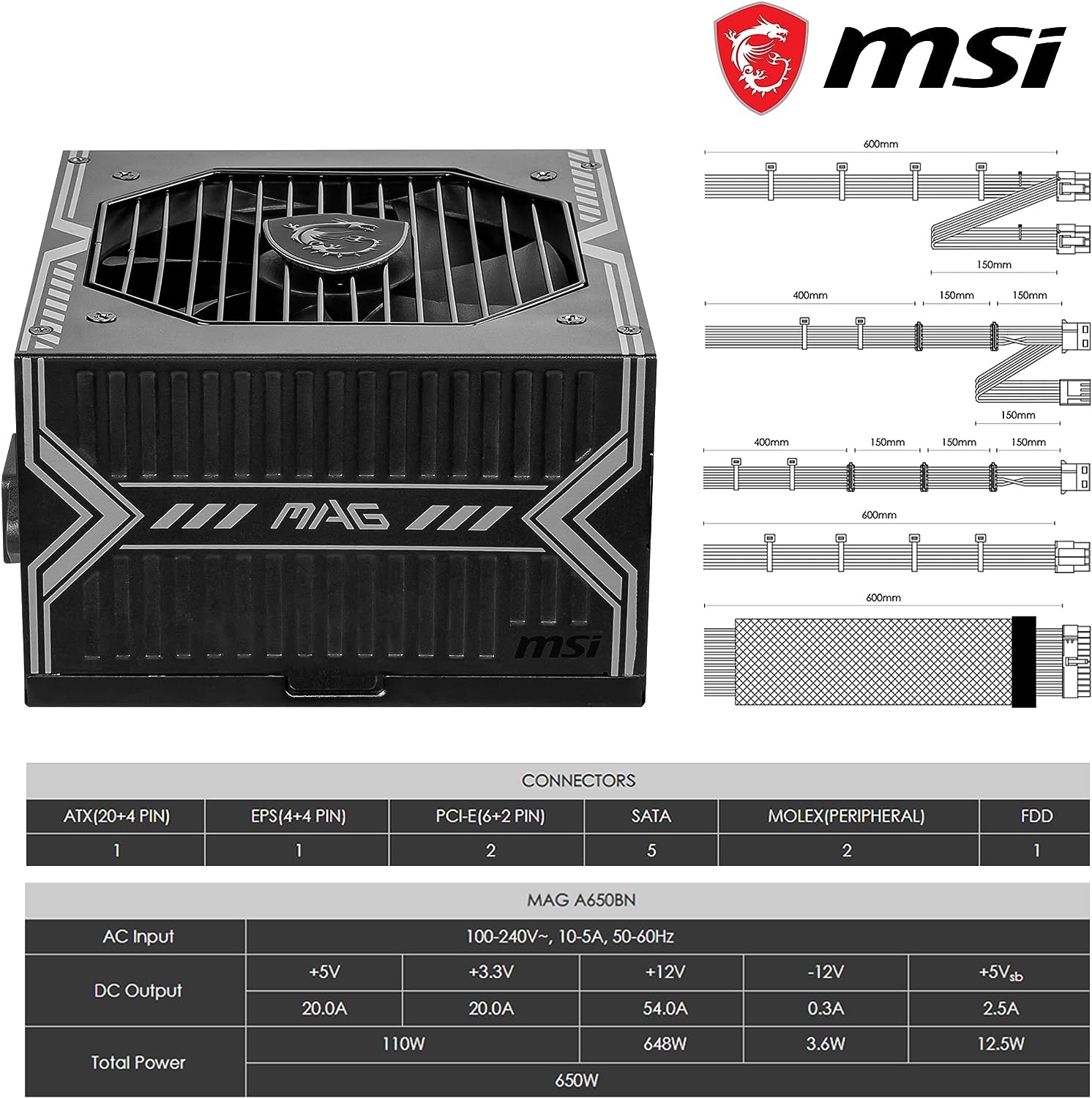 MSI MAG A650BN Gaming Power Supplyr - 80 Plus Bronze Certified 650W -  Compact Size - ATX PSU - NWCA Inc.
