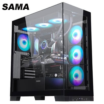 SAMA SAMA ATX Computer Case Tempered Glass Mid Tower USB 3.0 Type C Micro -ATX Gaming Case Supports ATX/M-ATX/ITX Adjustable I/O with 4 x F-RGB Fans Black
