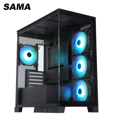 SAMA Sama AR01-RGB-BK Black Dual USB3.0 and Type C, Dual Tempered Glass Micro -ATX Tower Gaming Computer Case w/ 4 x ARGB LED Fans (3 x120mm xSide, 1 x120mm x Rear)Pre-Installed