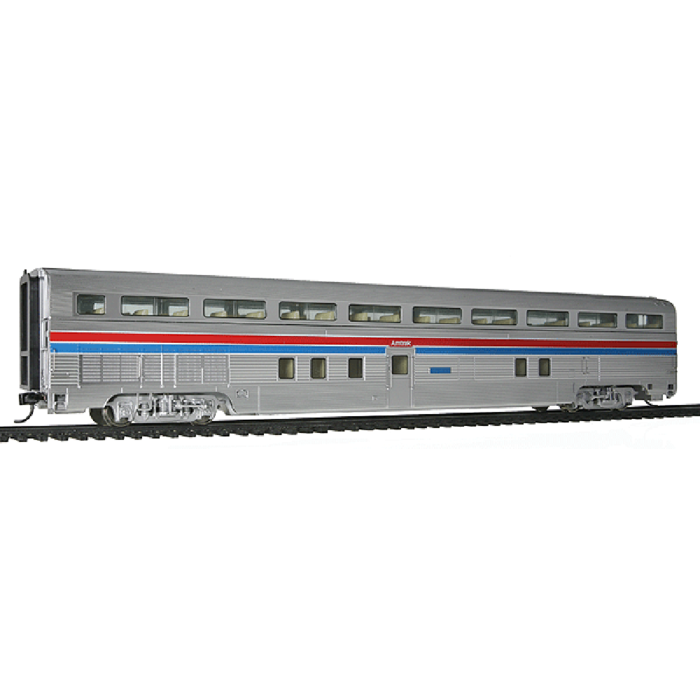 85' Budd Hi-Level 72-Seat Coach - Lighted - Ready to Run -- Amtrak (Plated Metal Finish, Phase 2; Stripes Above Door)