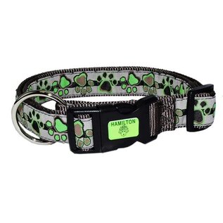 Dog Collar 18-26" Grey & Green Paw Print
