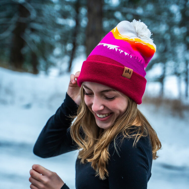 The Montana Scene Mountains Pom Beanie