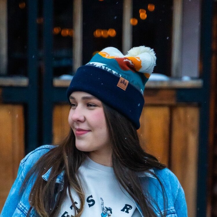 The Montana Scene Mountains Pom Beanie