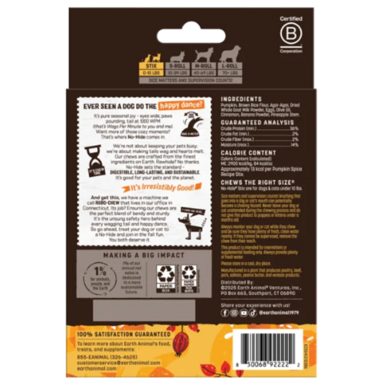 No Hide Dog Stix Pumpkin 20pk
