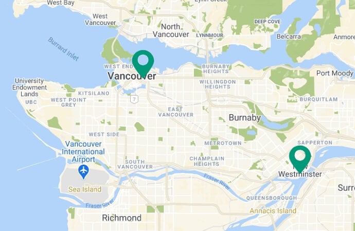 Map of Rain City Games locations in Vancouver and New Westminster