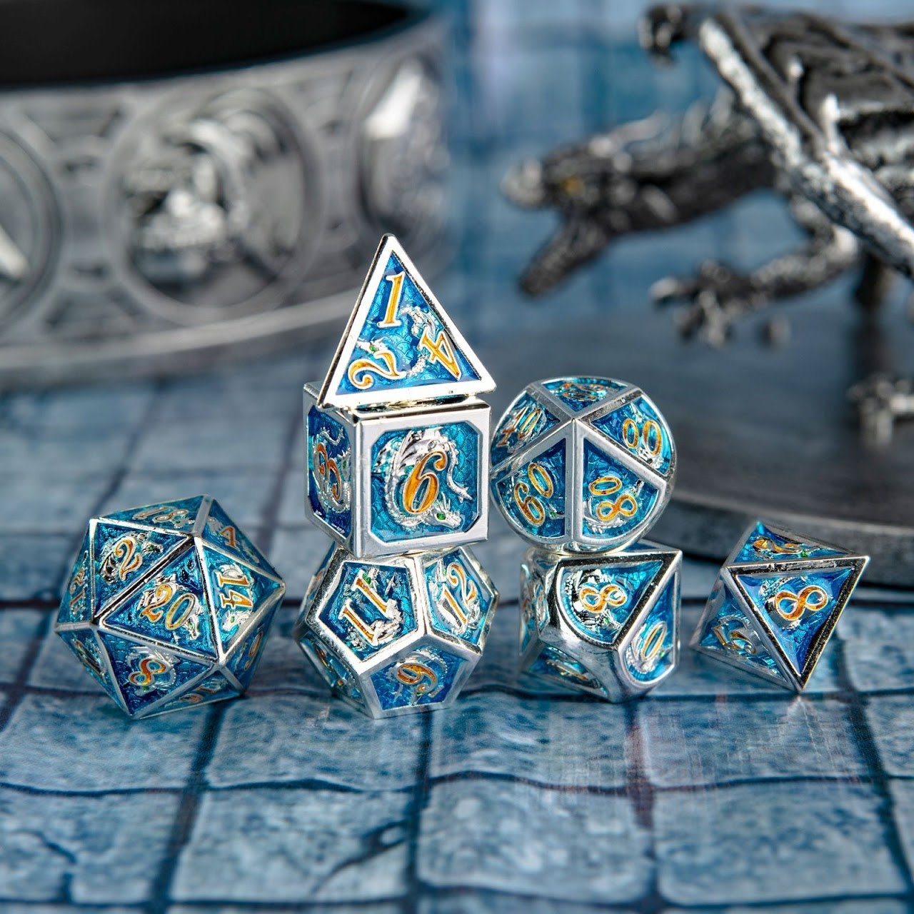 Metal RPG Dice Set - Ice and Fire Dragons