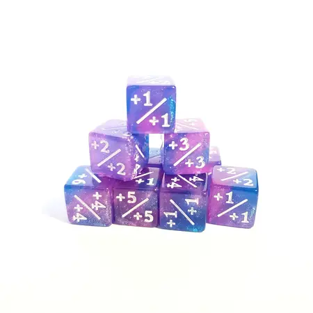 +1/+1 Counter Dice - Arcane Bolt - Blue & Purple/White Glitter - Set of 10