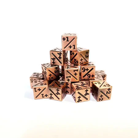 +1/+1 Mini Metal Counter Dice - Copper Ore w/Black - Set of 20