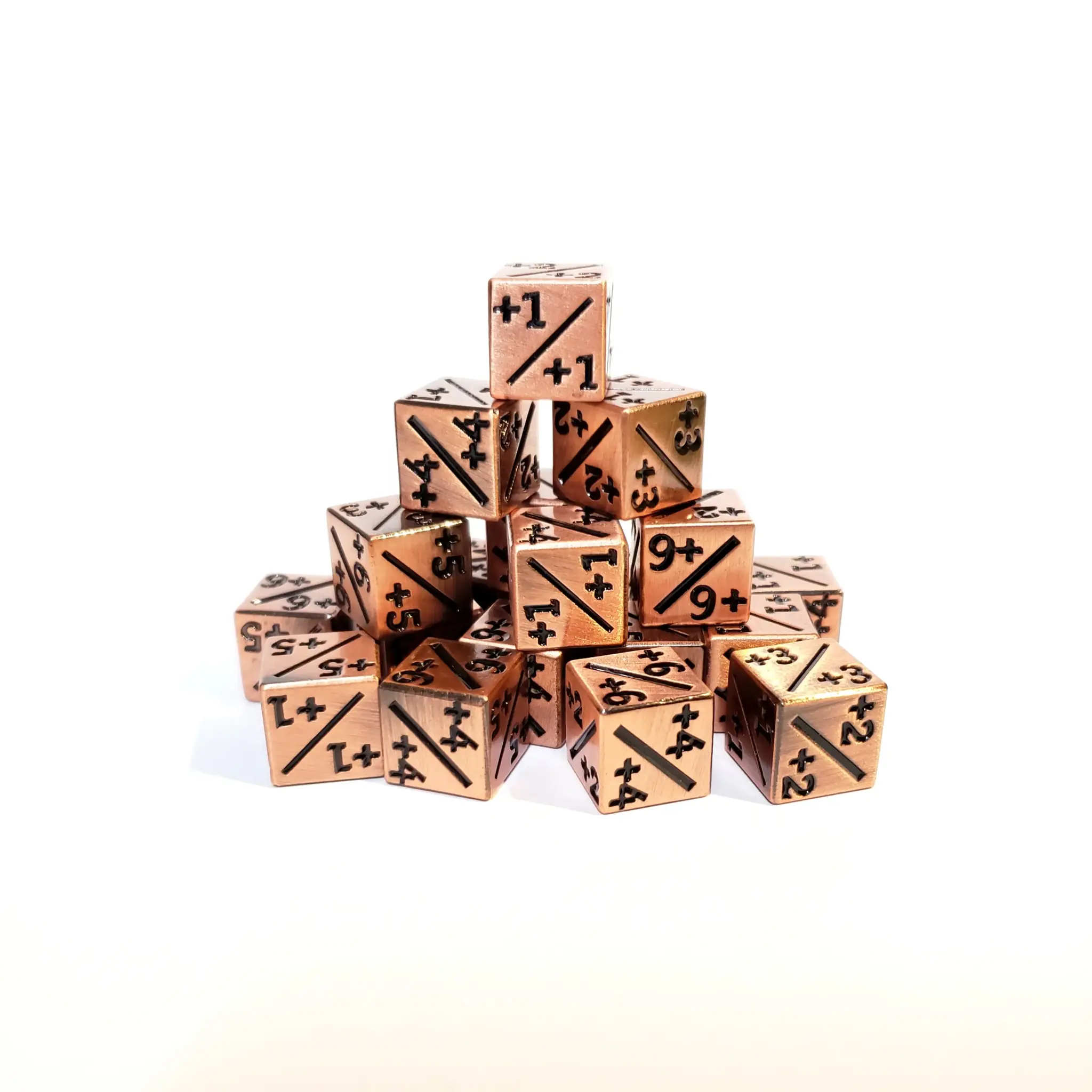 +1/+1 Mini Metal Counter Dice - Copper Ore w/Black - Set of 20
