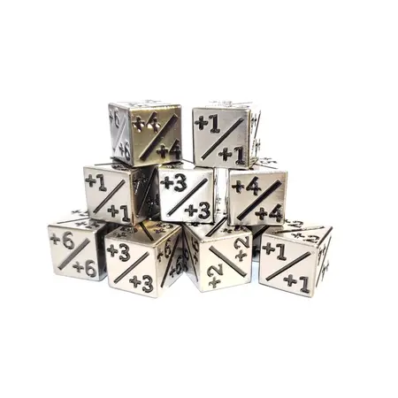 +1/+1 Metal Counter Dice - Silver Ore w/Black - Set of 12