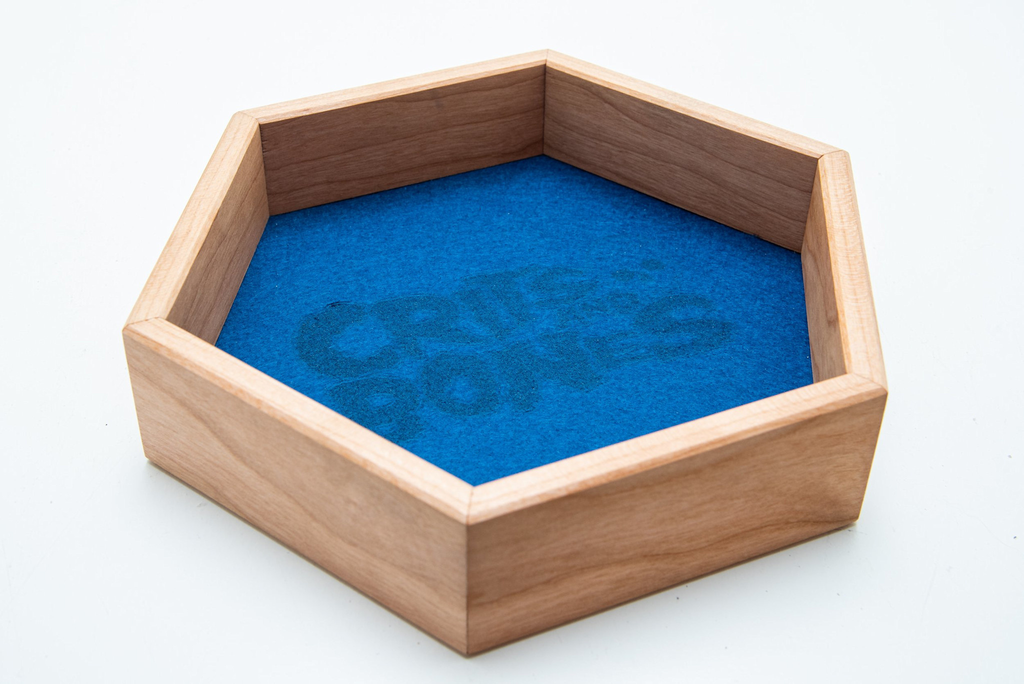 Handmade Dice Tray - Cherry Hex with Blue Felt