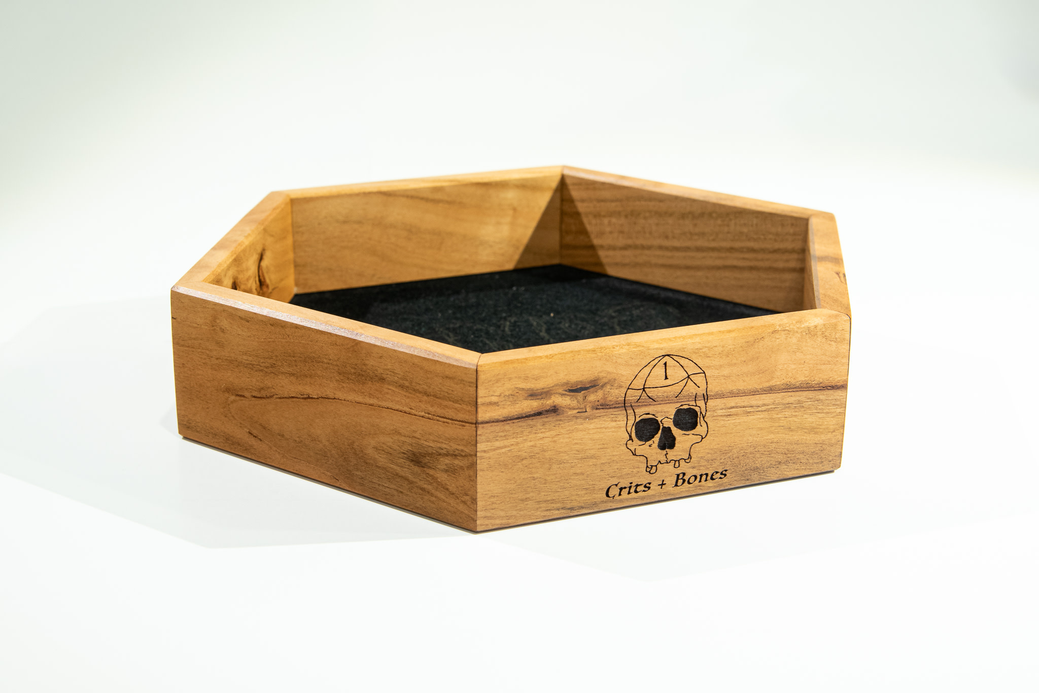 Handmade Dice Tray - Cherry Wood Hex with Black Suede