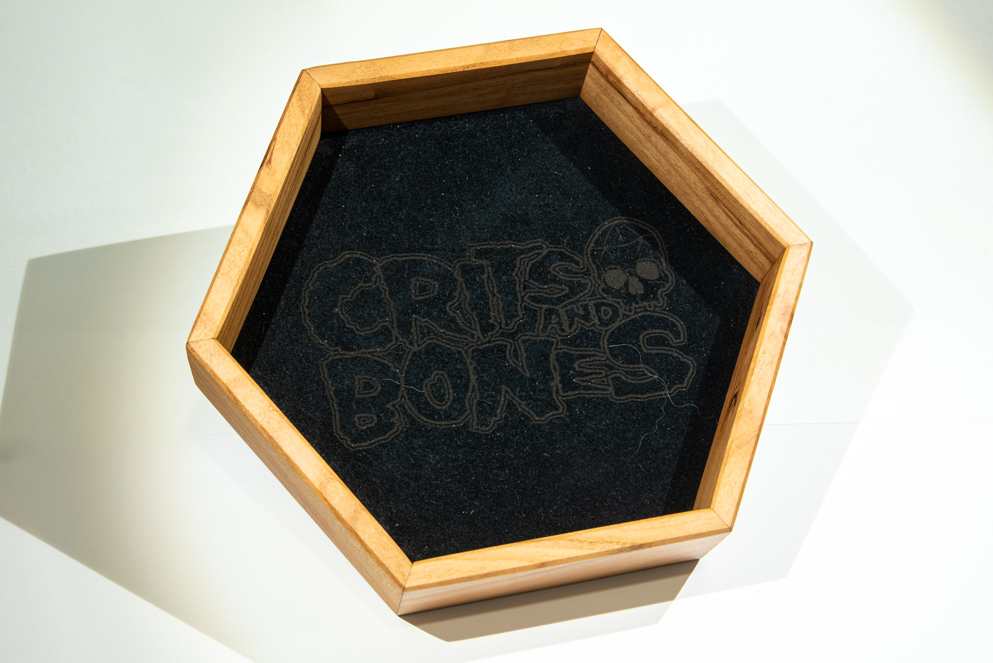 Handmade Dice Tray - Cherry Wood Hex with Black Suede