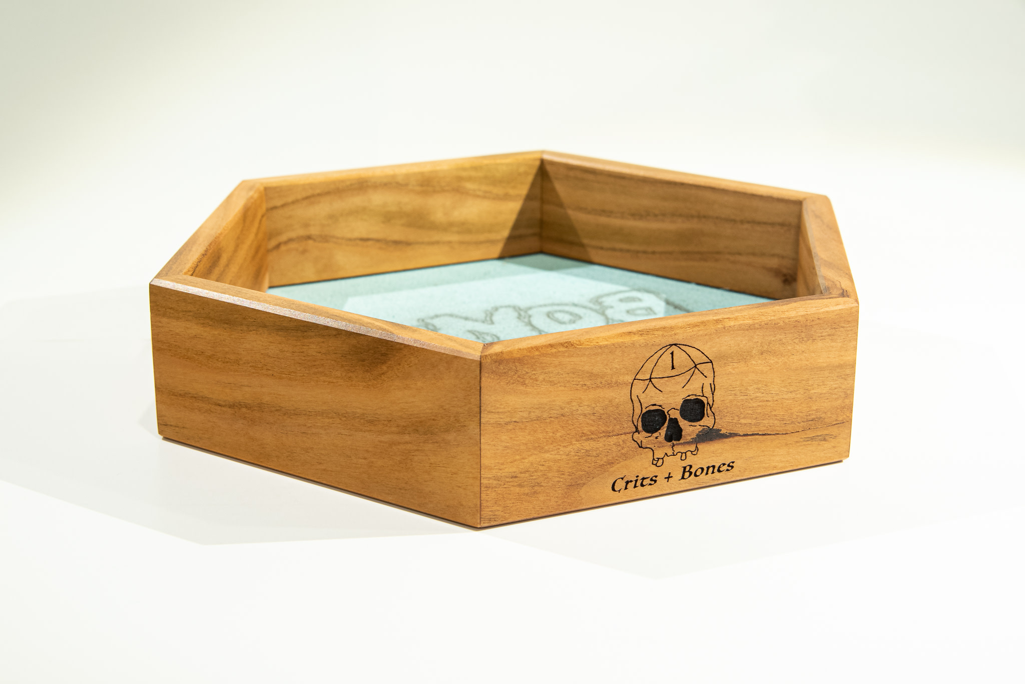 Handmade Dice Tray - Cherry Wood Hex with Light Blue Suede