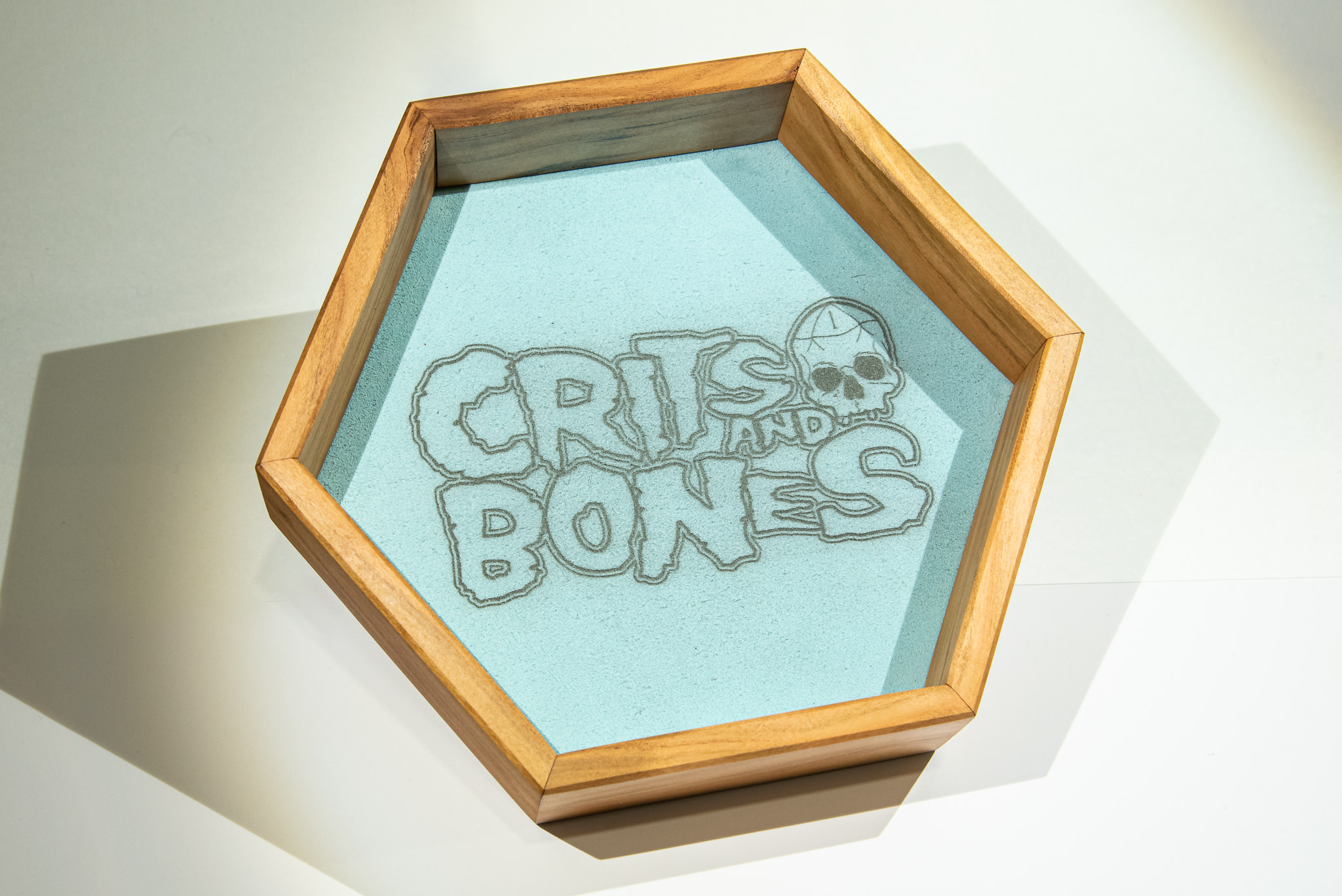 Handmade Dice Tray - Cherry Wood Hex with Light Blue Suede