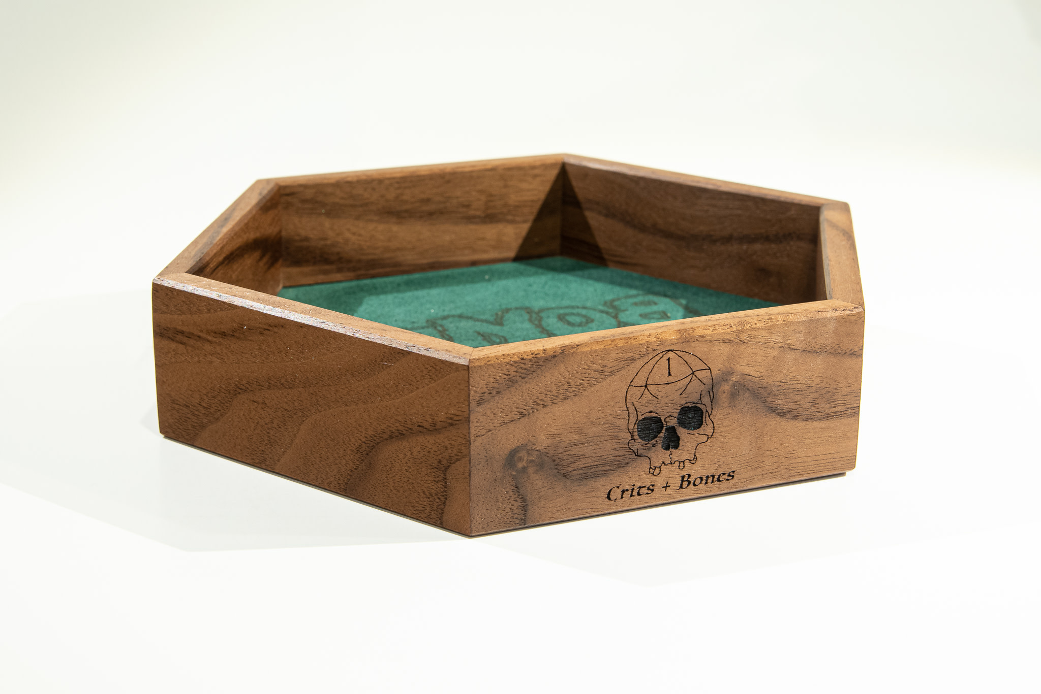 Handmade Dice Tray - Black Walnut Hex with Hunter Green Suede