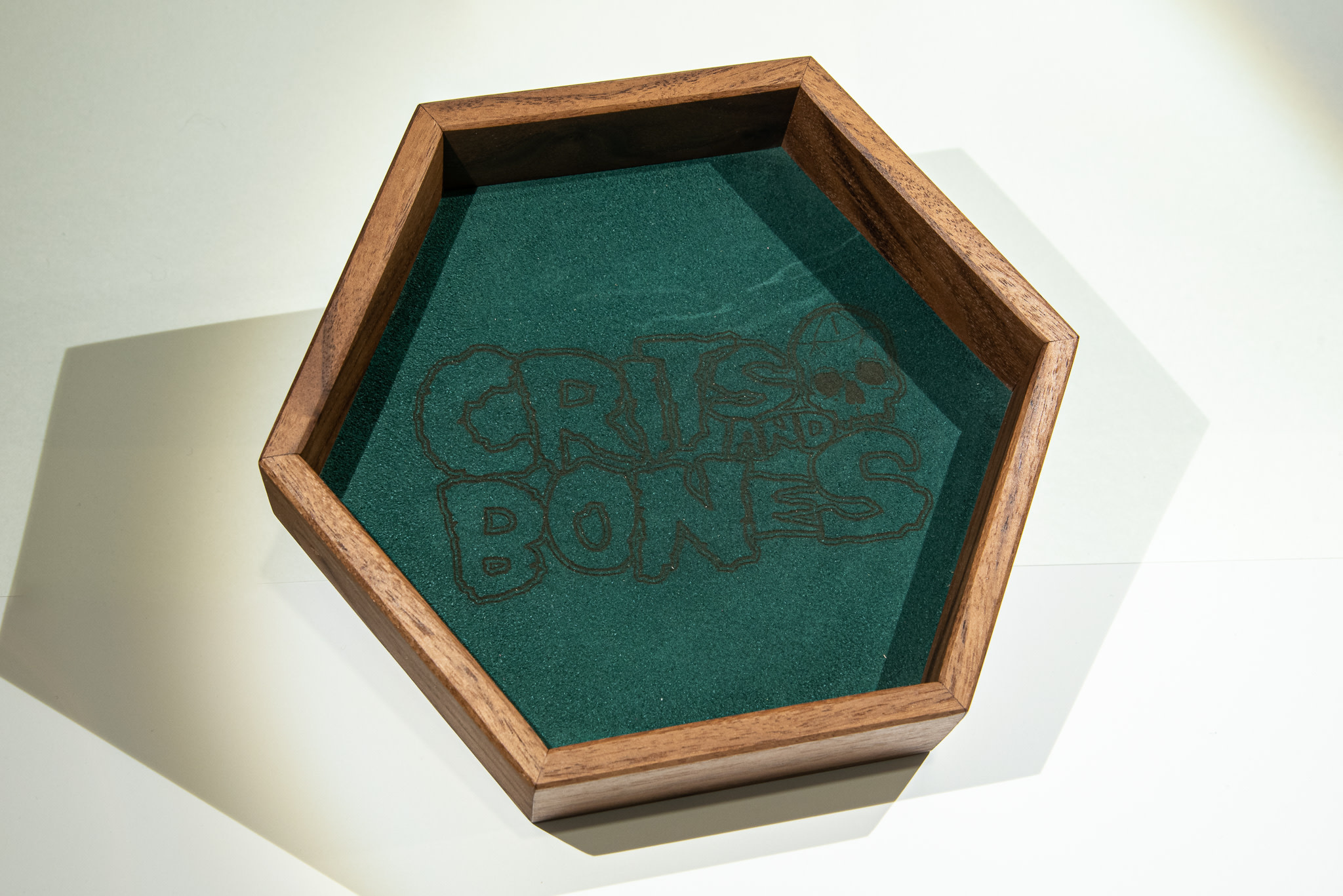 Handmade Dice Tray - Black Walnut Hex with Hunter Green Suede