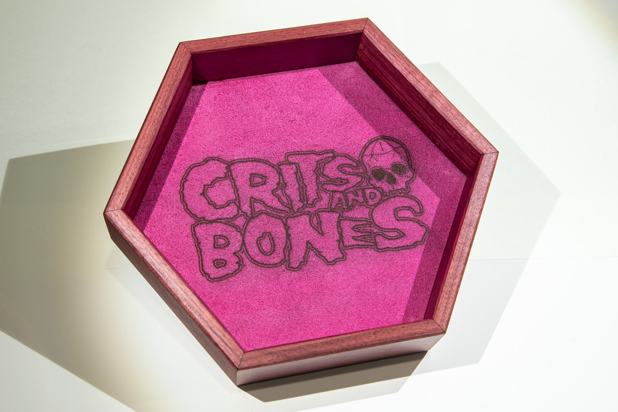 Handmade Dice Tray - Purple Heart Hex with Pink Suede