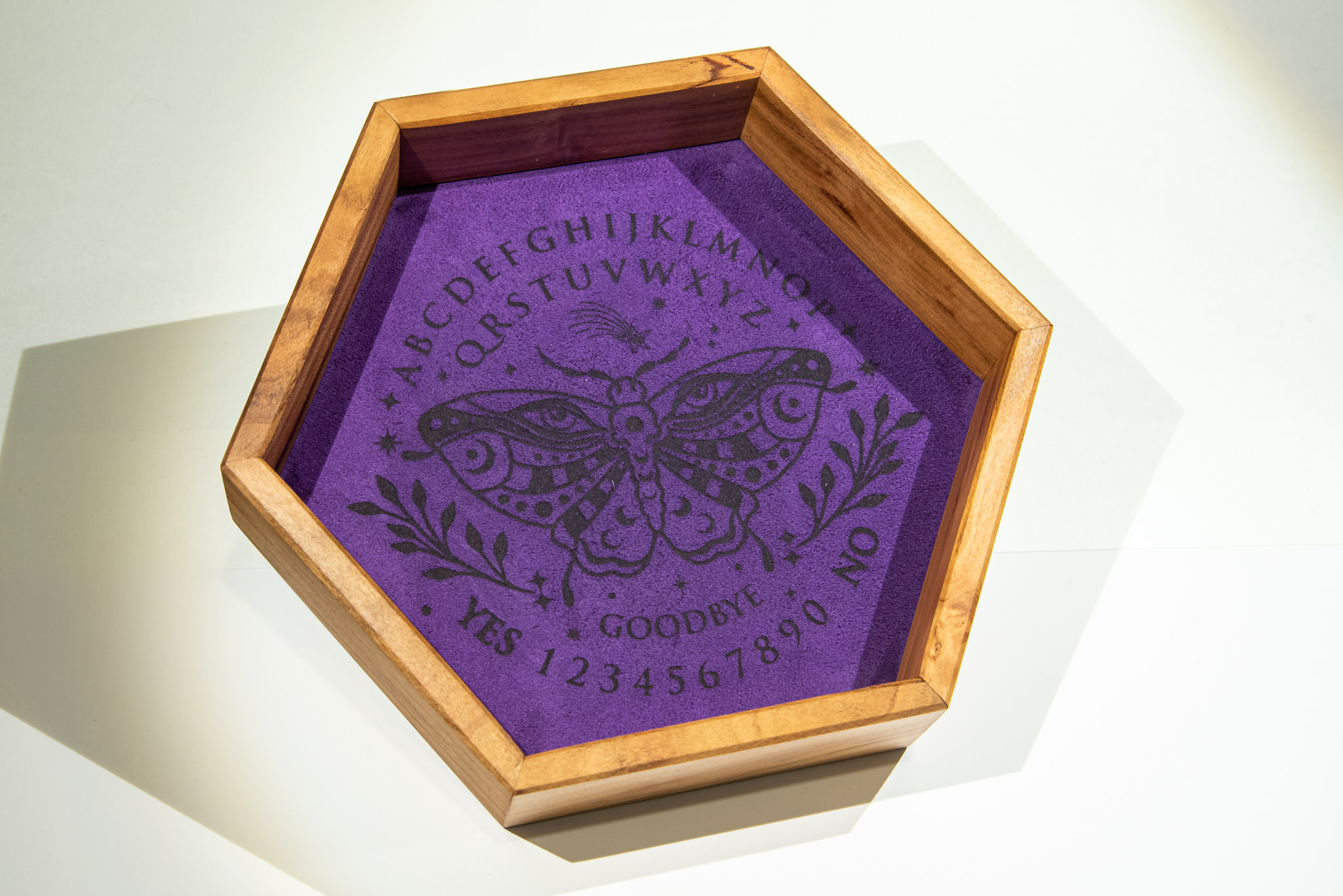 Handmade Dice Tray - Cherry Wood Hex with Purple Suede - Ouija
