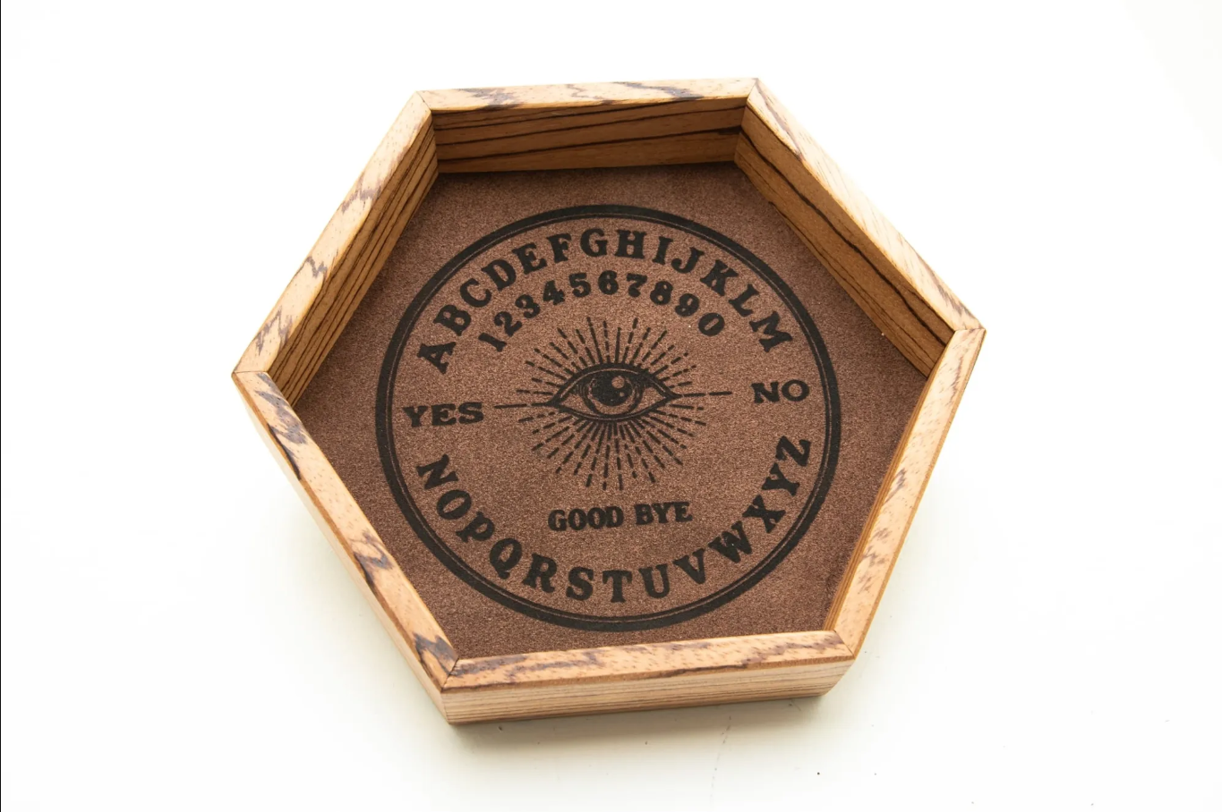 Handmade Dice Tray - Zebra Wood Hex Ouija with Brown Suede