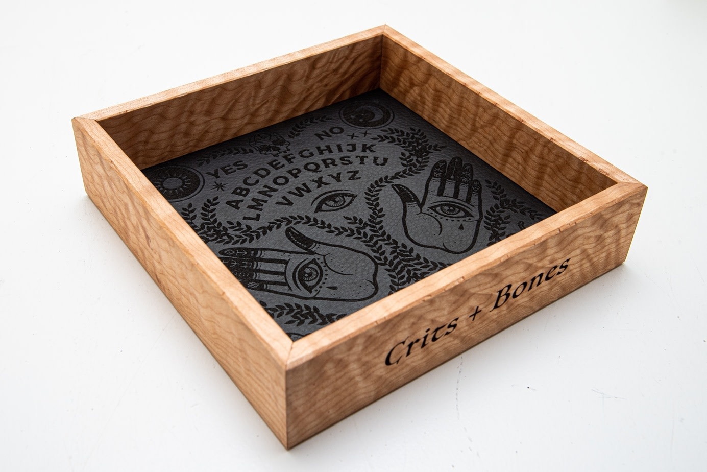 Handmade Dice Tray - Figured Maple Square Ouija with Black Leather